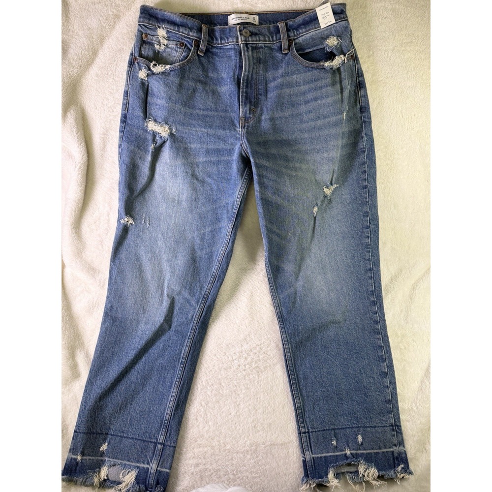 NEW Abercrombie & Fitch Women's Jeans High Rise Medium Wash Blue Distressed 32